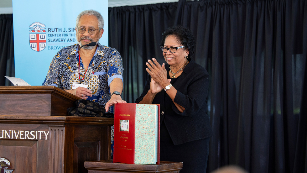 Prof. Anthony Bogues and Dr. Ruth J. Simmons at the Simmons Center unveiling ceremony.