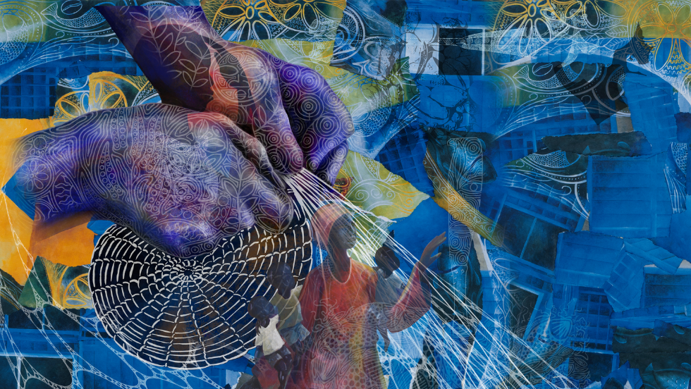illustration featuring hands weaving threads into a basket, leaf and mandala patterns, and an African mother with three children