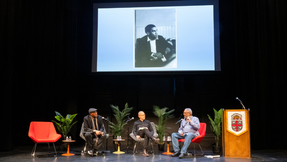 Panelists Kwame Dawes and Brian Meeks speak with moderator Anthony Bogues during the session entitled “Lamming: The Poetics of Lamming and the Political Novelist.”