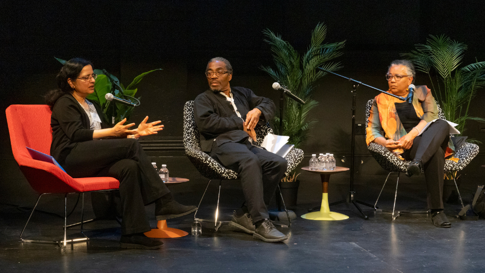 Panelists Rhonda Cobham-Sander, Nadi Edwards, and Supriya Nair speak during the session entitled “Lamming: Caribbean Literature and Postcolonialism.”