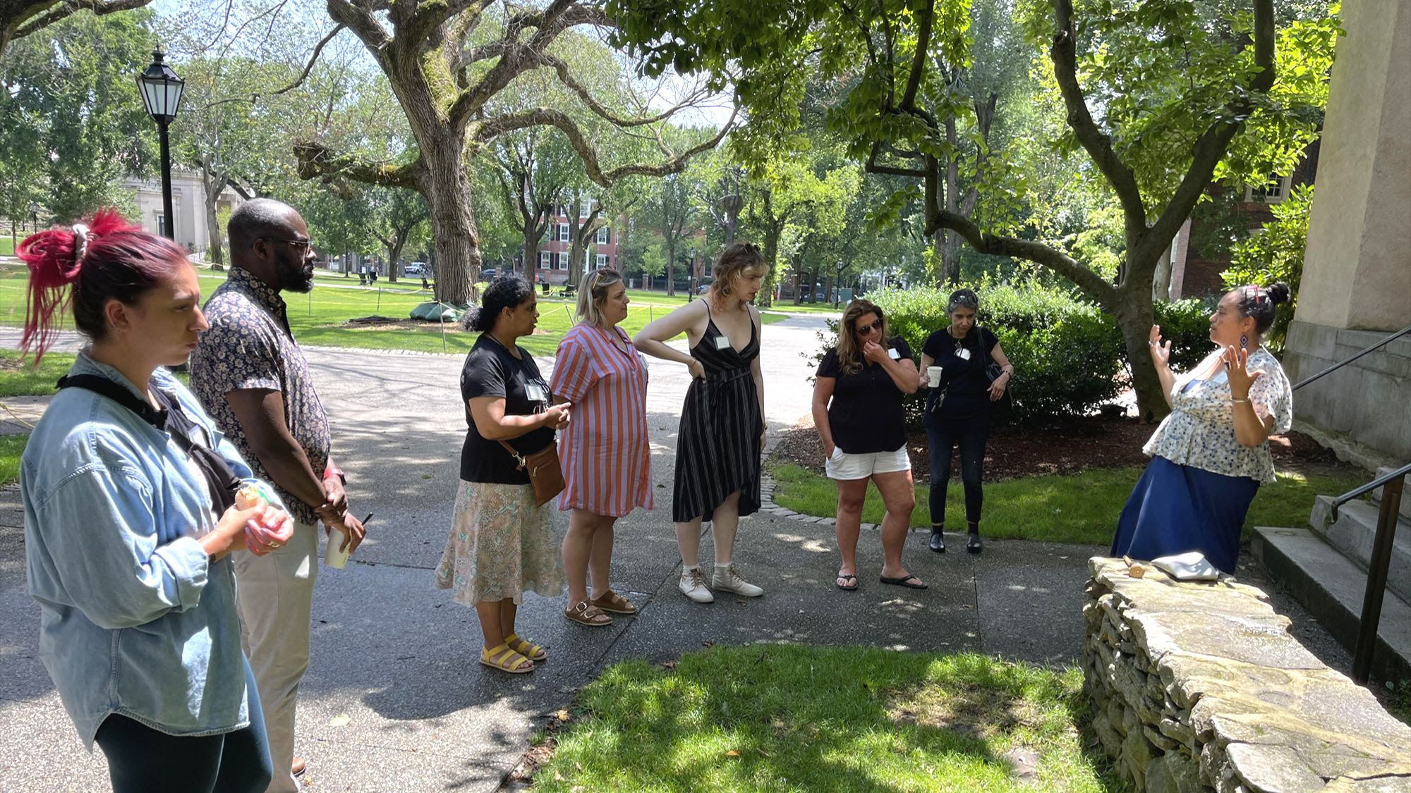Lorén Spears guides educators in a tour of Brown University's campus.