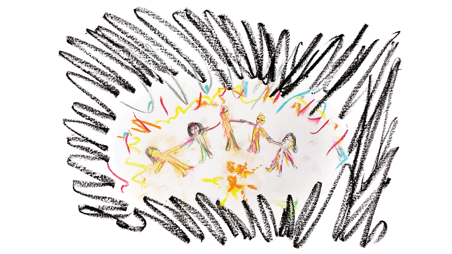 a child's drawing of five people holding hands with dark marks surrounding them