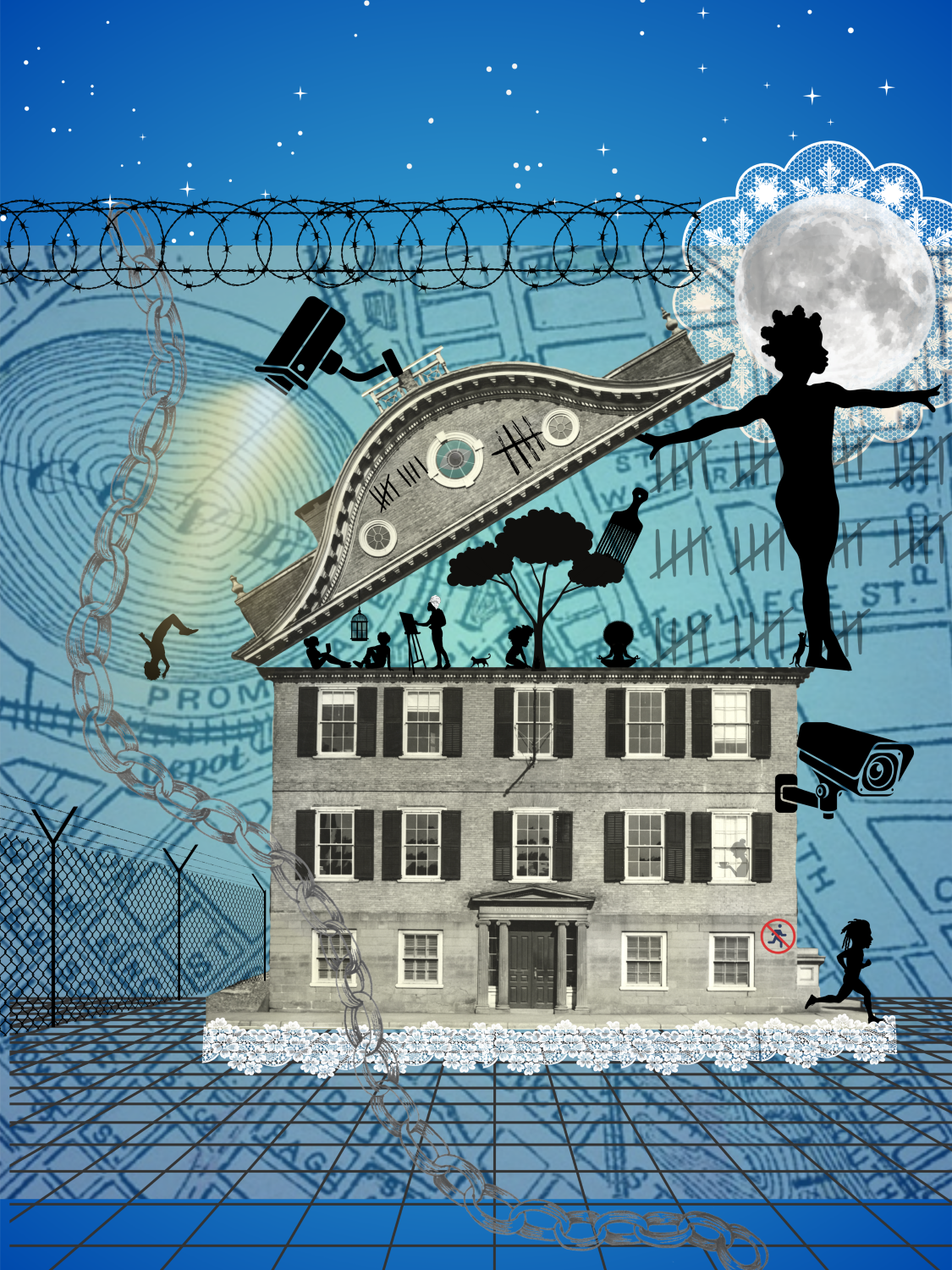 a digital collage by Kia Lenise featuring imagrey related to the slave trade and surveillance including black silhouettes, a map of Providence and a colonial building on a blue background
