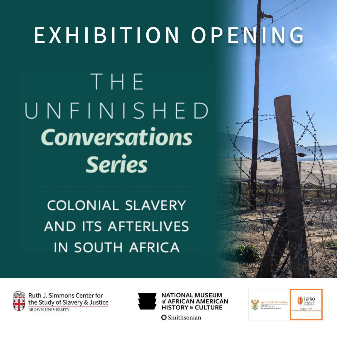 Poster for exhibition opening with title, sponsorship logos, and image of a South African landscape with barbed wire in the foreground