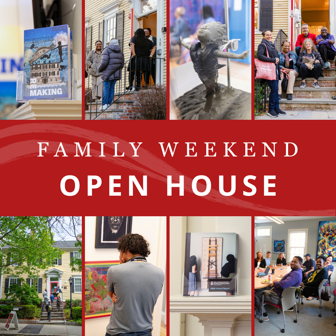 collaged photos of the Simmons Center building and gallery with people