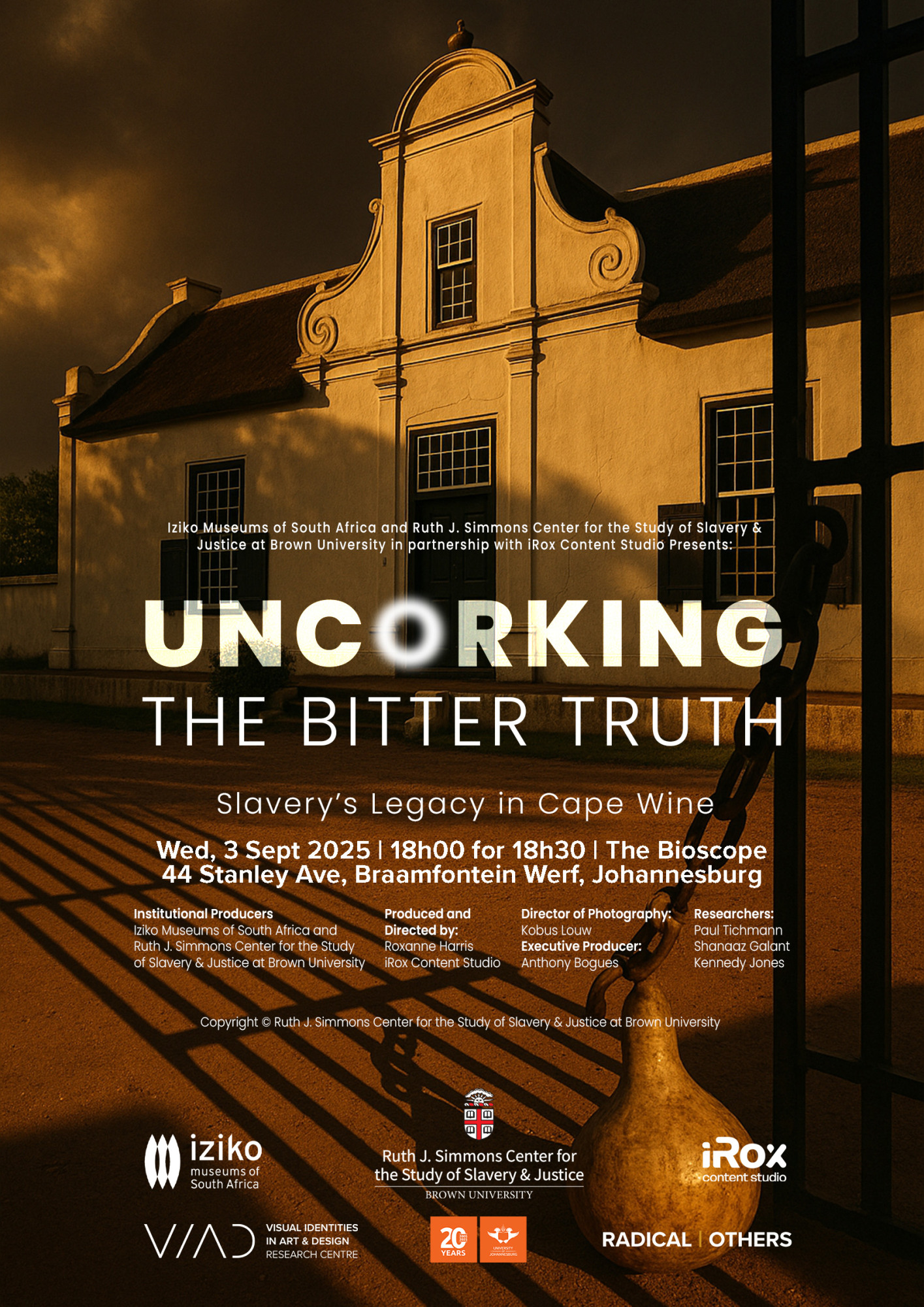 Poster with premiere information for Uncorking the Bitter Truth featuring an orange landscape and building in the background