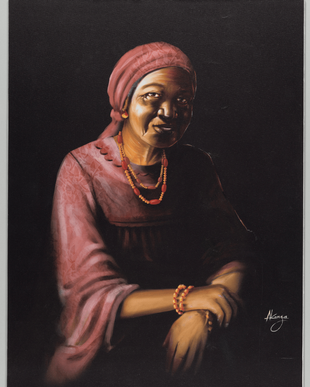 A painting of a woman in a red dress and headscarf, adorned with yellow and red jewelry smiles.