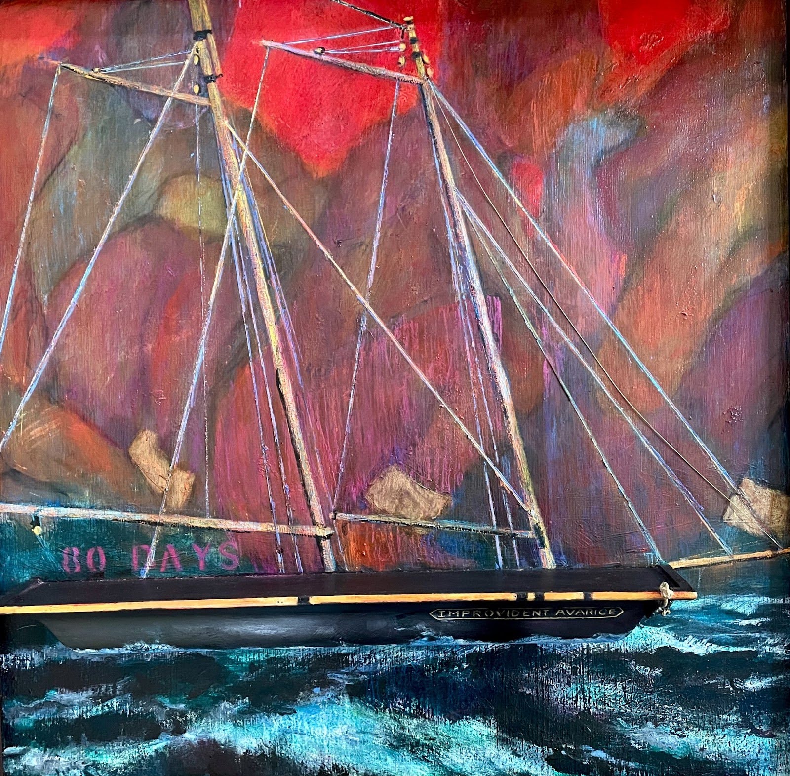 Voices from the Middle Passage is a relief painting with a red background, blue waves in the foreground and a black hulled ship on the horizon