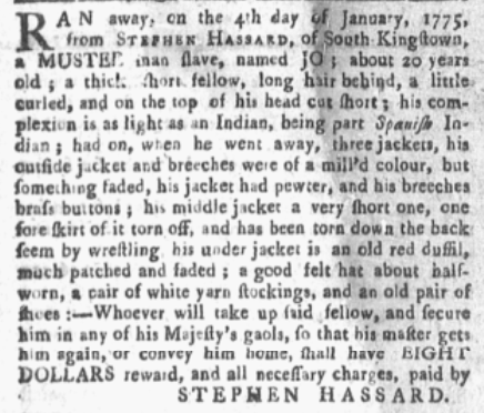 1775 Runaway Ad in the "Newport Mercury"