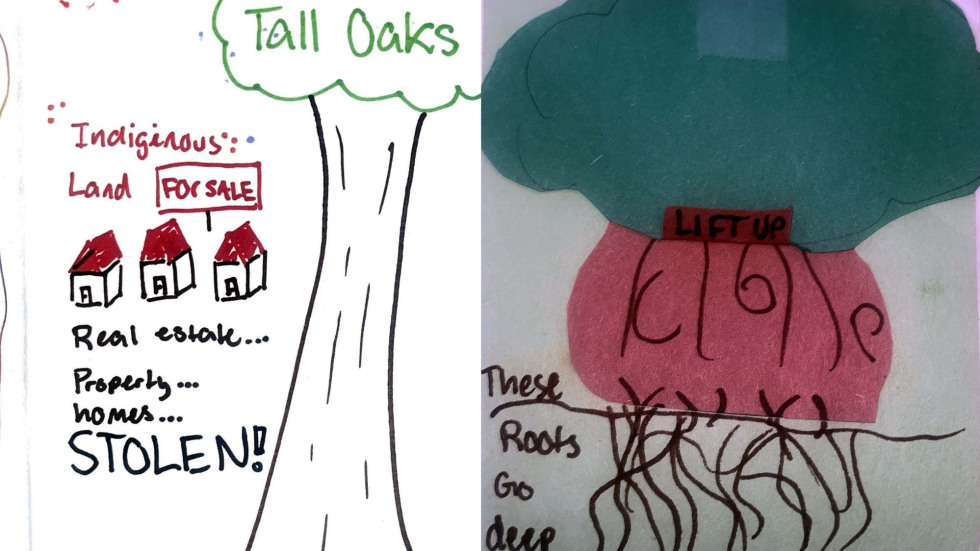 Drawings of trees and roots to depict Indigenous histories of stolen land.