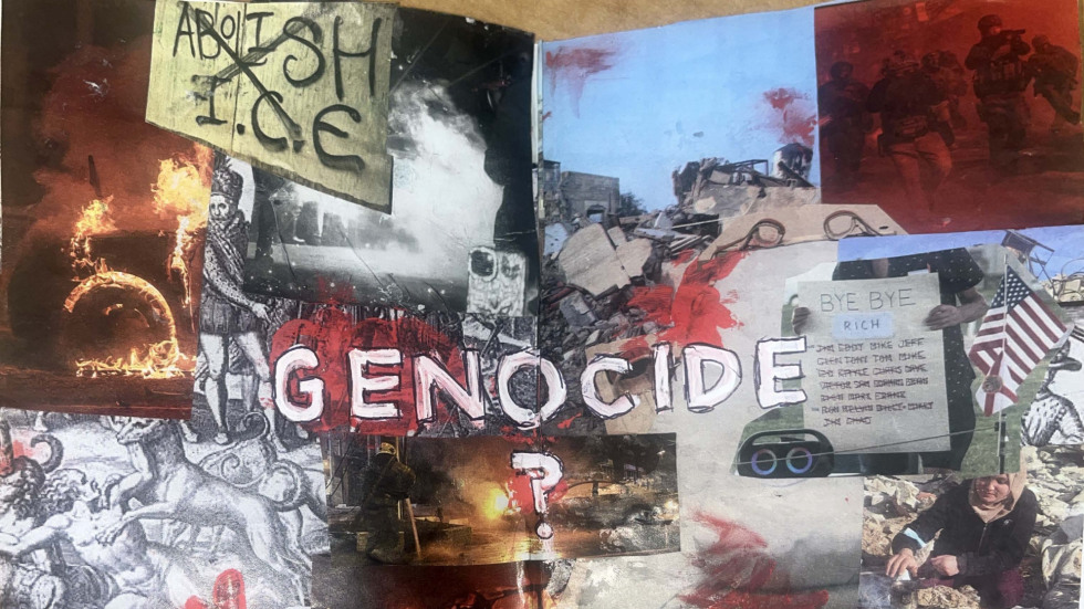 A zine of a collage of images depicting genocide worldwide.